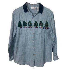 Casey & Max Christmas Shirt Blouse Womens Large Embroidered Christmas Trees VTG